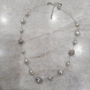 Vintage Faux Pearl and Pave Rhinestone Station Necklace Silver Tone